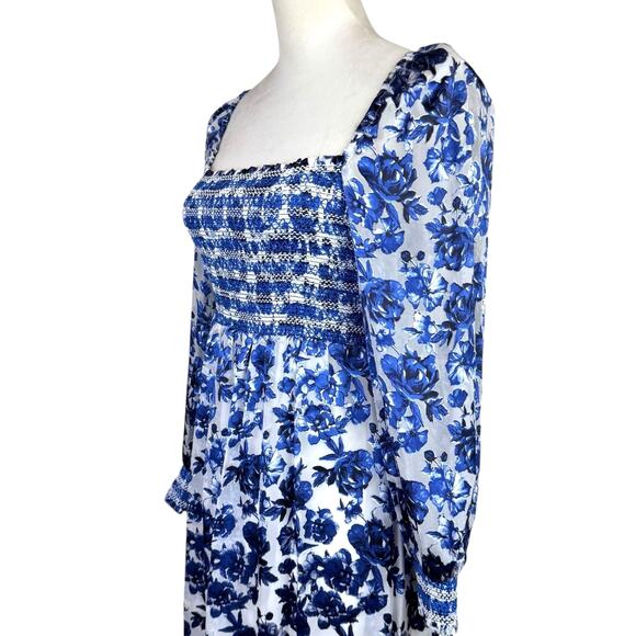Alice + Olivia Cooper Antique Blue Floral Silk Blend Smocked Dainty Mini Dress - Picture 6 of 13